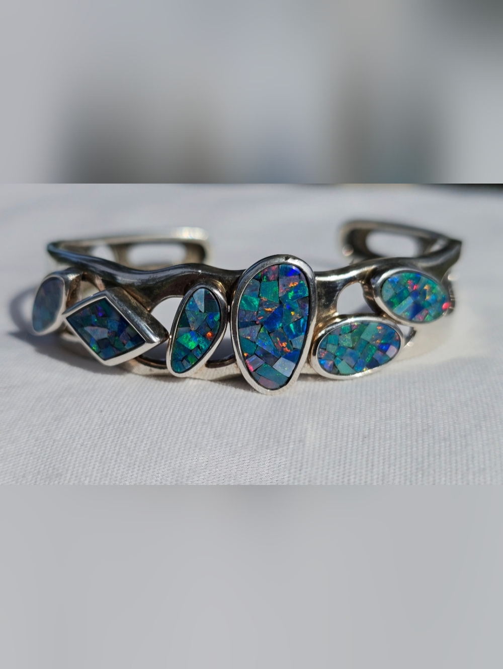 Sterling Silver Opal Mosaic Cuff Bracelet - Blue-Green